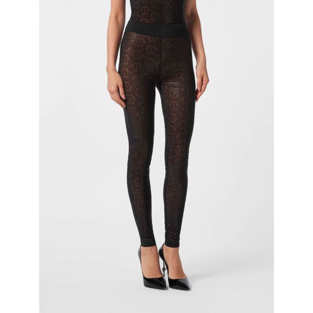 Philipp Plein High-Waisted Sheer Tulle Leggings With Rhinestone Logo